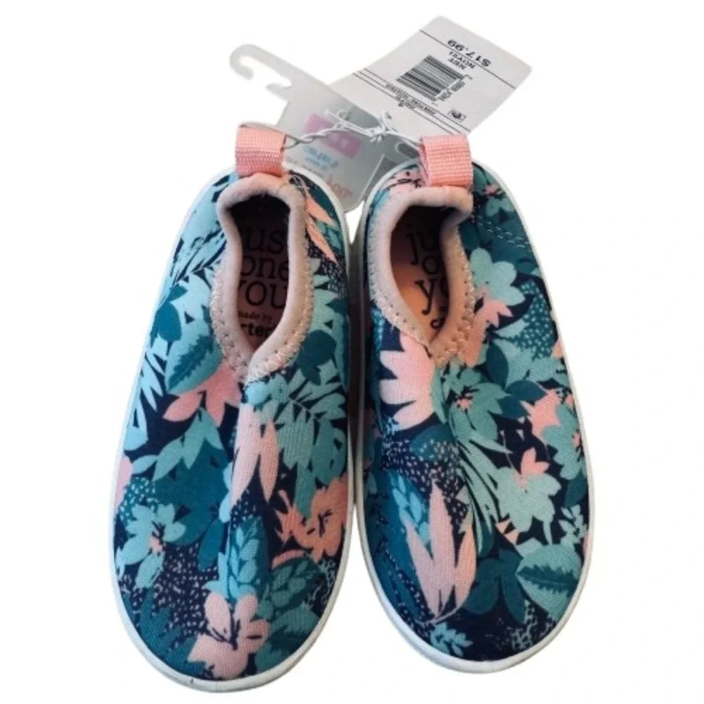 Just One You Carter's Girls Size 4 Floral Slip On Casual Shoes Aqua Pink NWT